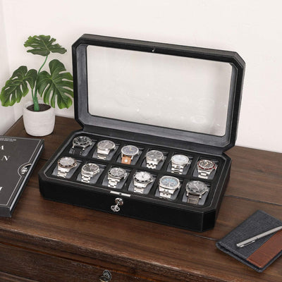 ROTHWELL 12 Slot Leder Uhrenbox für Herren - Luxus Uhrenetui Display Organizer, Herren Aufbewahrungs