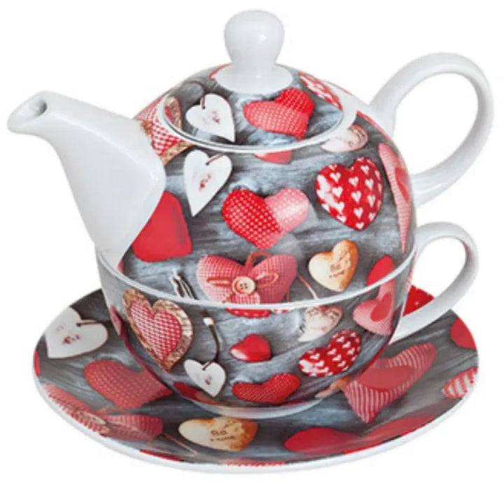 Porzellan-Teekannen-Set Tea for One mit Teekanne, Tasse und Unterteller, 3-teilig (Herz Muster), Her