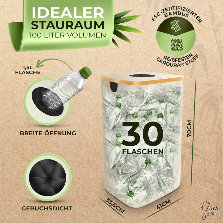 Glückstoff® Pfandflaschen Sammelbehälter [INKL. TRAGETASCHE] - Flaschensammler Leergut - PET Flasche