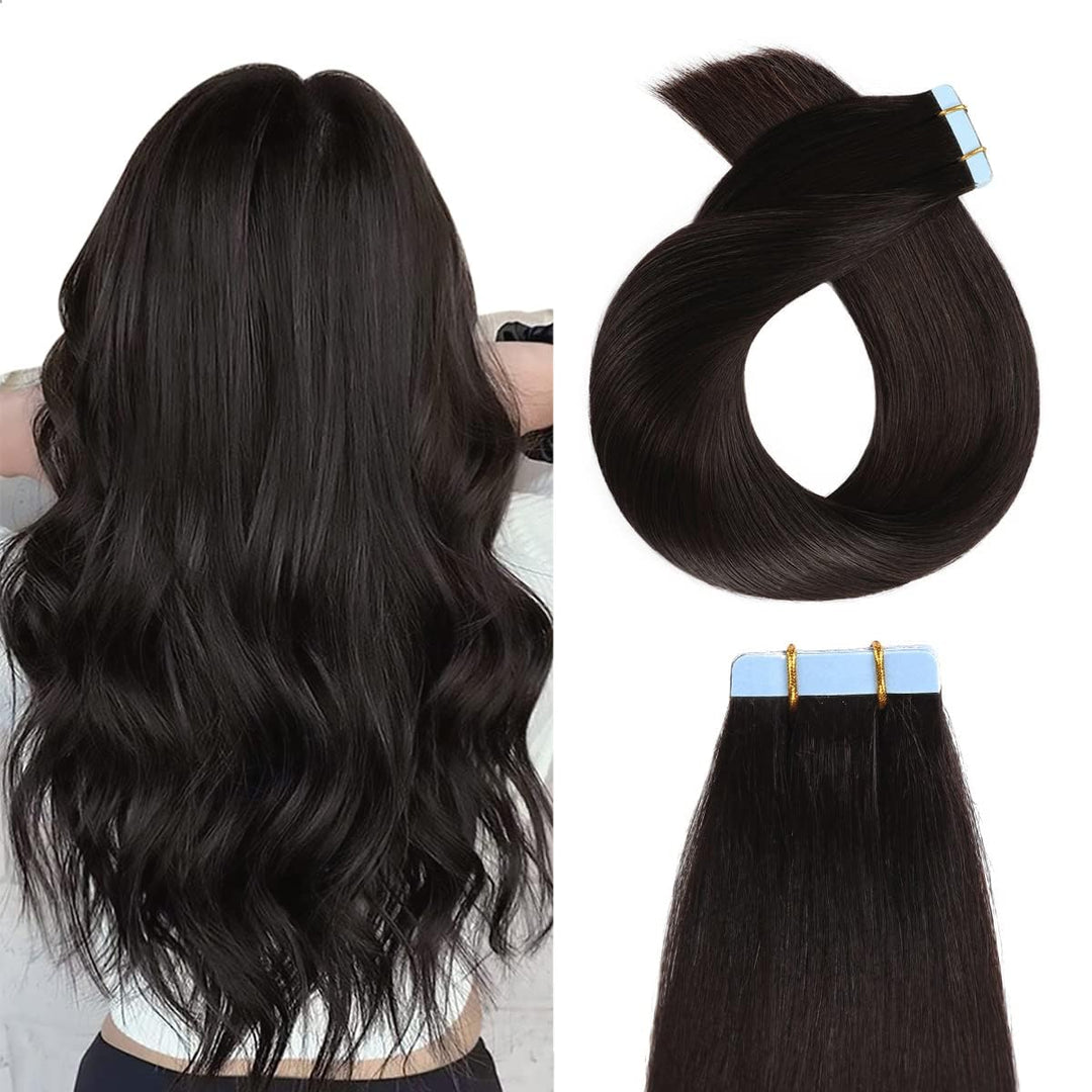 YILITE Tape Extensions Echthaar, Jet Black 60cm 20 Stück/Packung 50g Tape in Extensions Echthaar Inv