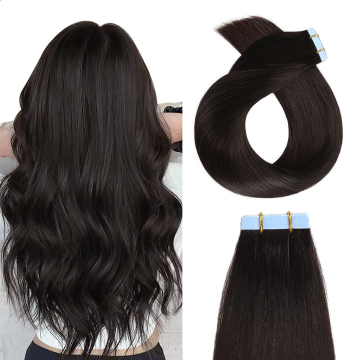 YILITE Tape Extensions Echthaar, Jet Black 60cm 20 Stück/Packung 50g Tape in Extensions Echthaar Inv