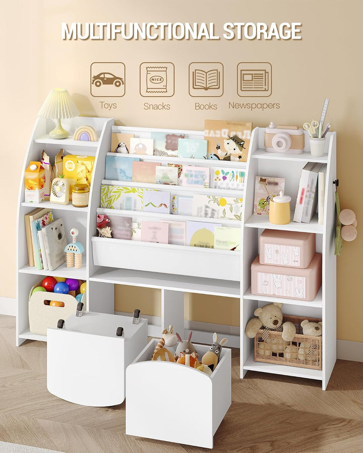 Hzuaneri Kinderregal mit Zeitungsständer, Bücherregal Kinder mit 3 Säulen, 4 Ablagen, Spielzeugregal