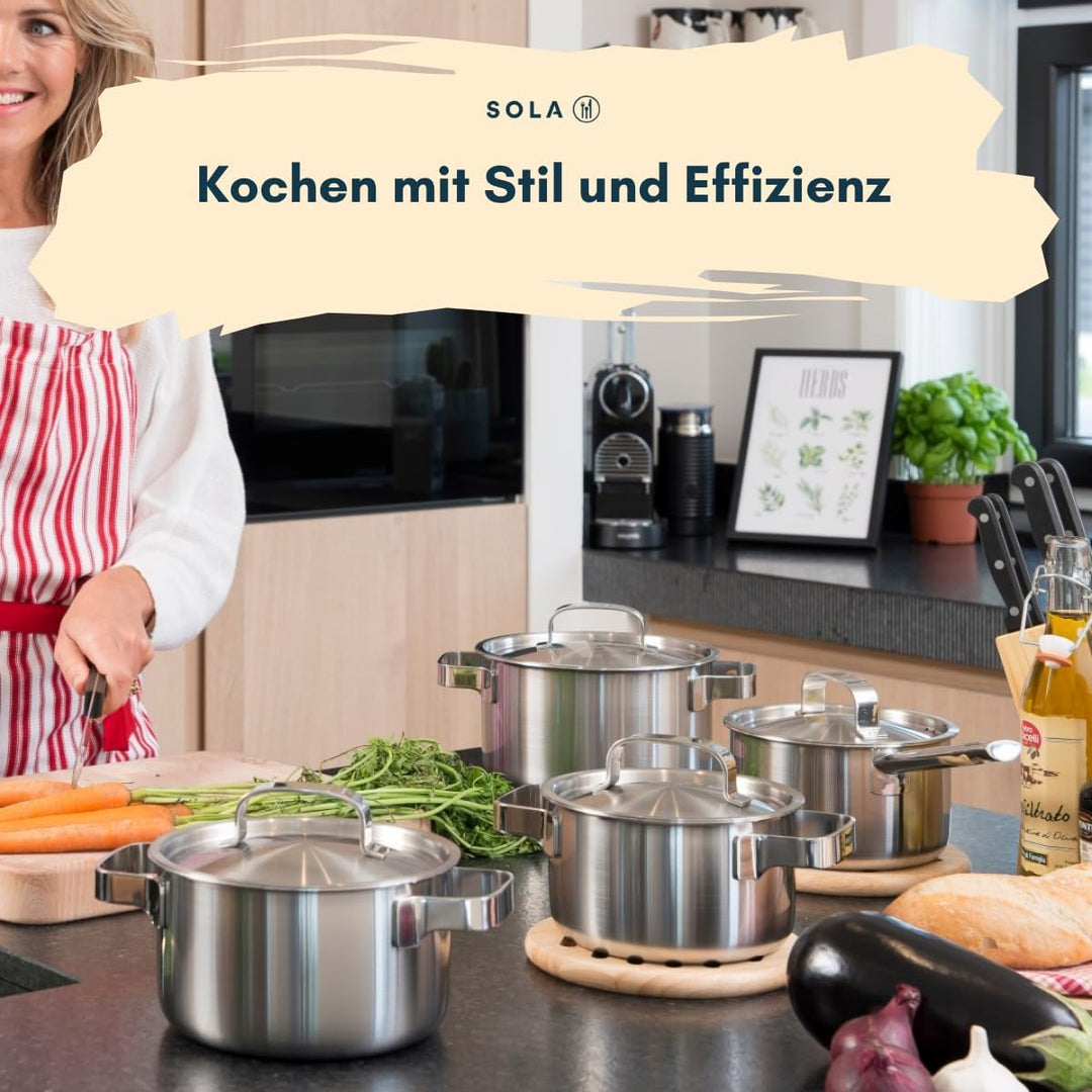 Sola Ruby Topfset 4-Teilig, Kochtopf set mit Deckel - 18/10 Hochglänzendem Edelstahl - Kochgeschirr