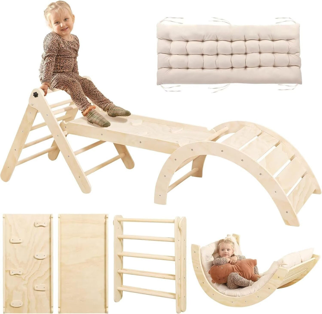 7-in-1 Montessori Kletterdreieck Set mit Rutsche, Kletterbogen & weichem Kissen – Holz Klettergerüst