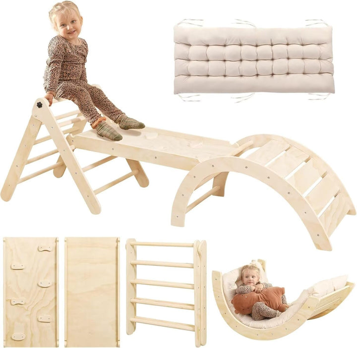 7-in-1 Montessori Kletterdreieck Set mit Rutsche, Kletterbogen & weichem Kissen – Holz Klettergerüst