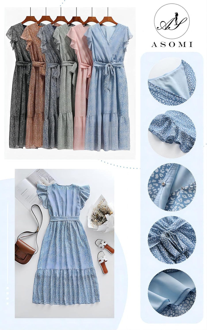 ASOMI Kleid Damen Sommer Boho: Blumen Herbst Wickelkleid Frühling Mode Lang Maxikleid V-Ausschnitt C