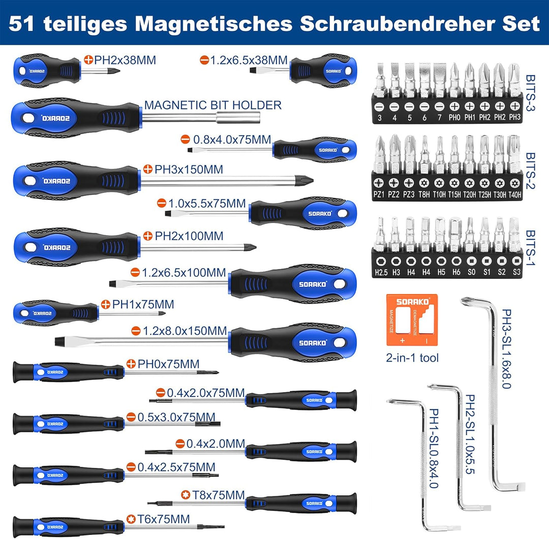 SORAKO Schraubendreher Set, 51PCS Feinmechaniker Schraubendreher Set Magnetisch für Heimwerk, Renovi