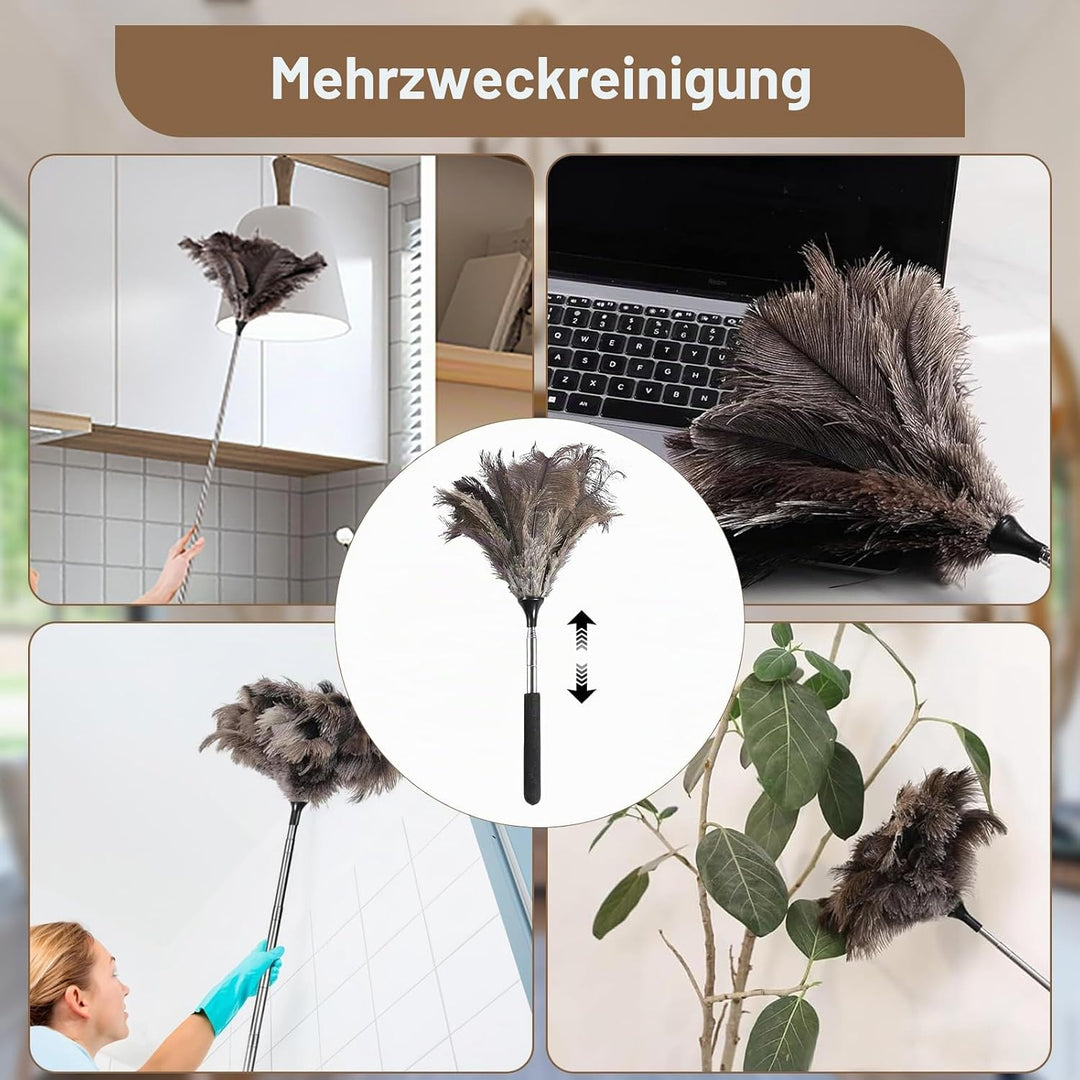 Teleskop Staubwedel Straussenfedern, Staubwedel Lang ausziehbar mit Edelstahlgriff, Straussenfedern,