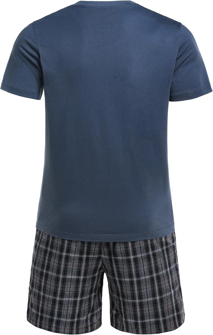 Winovia Schlafanzug Herren Kurz Pyjama 100% Baumwolle Kurzarm Nachtwäsche Nightwear Set mit Rundhals