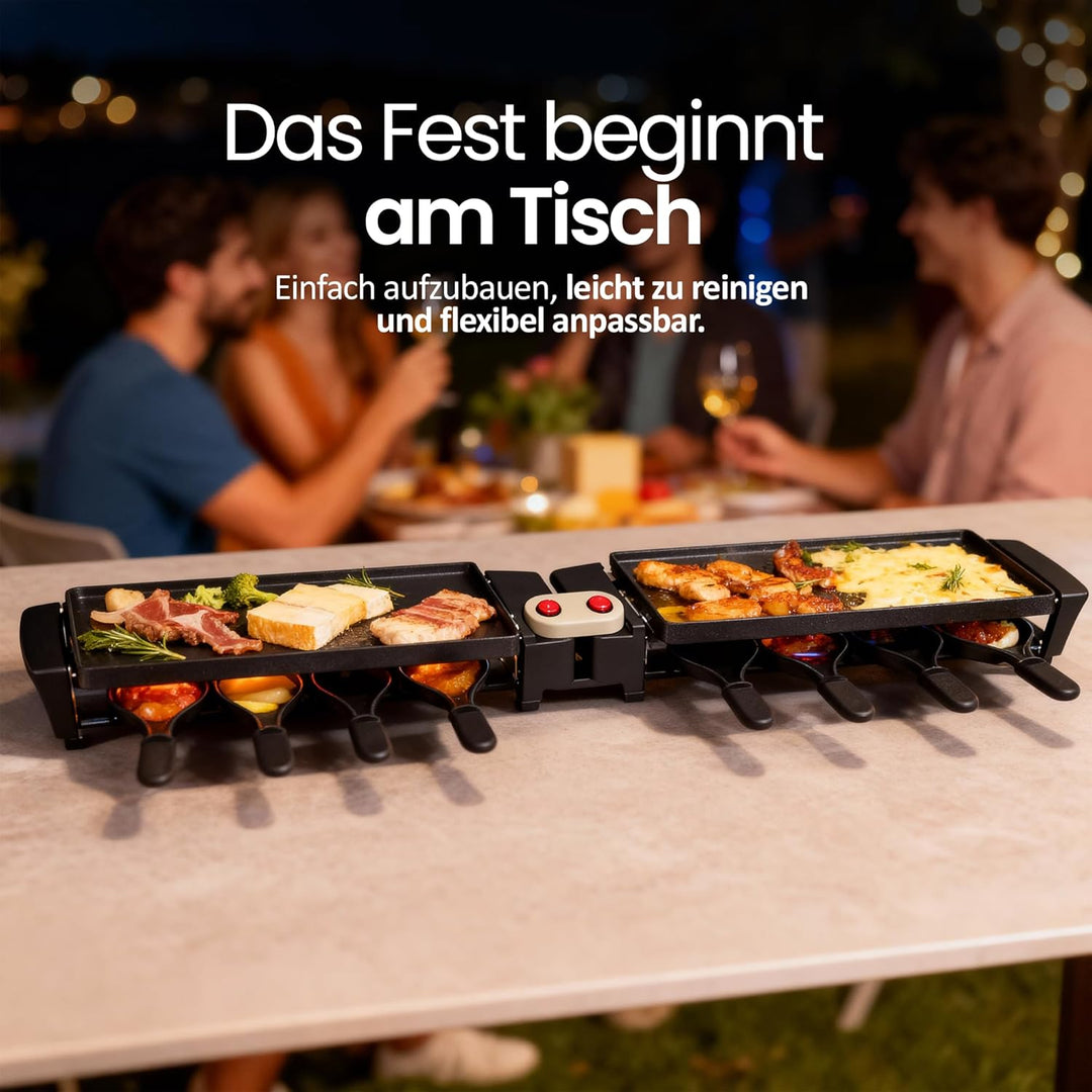 EMERIO Raclette mit wertigen Druckguss-Platten | Gerät klappbar | 2x 40,6x10cm PFAS-freie Antihaftbe