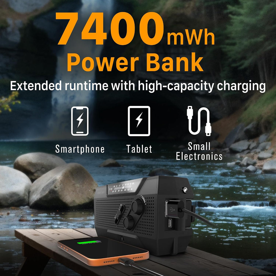 FosPower Notfallradio NOAA/AM/FM mit 7400mWh Tragbare Powerbank, Aufladung per USB/Solar/Handkurbel,