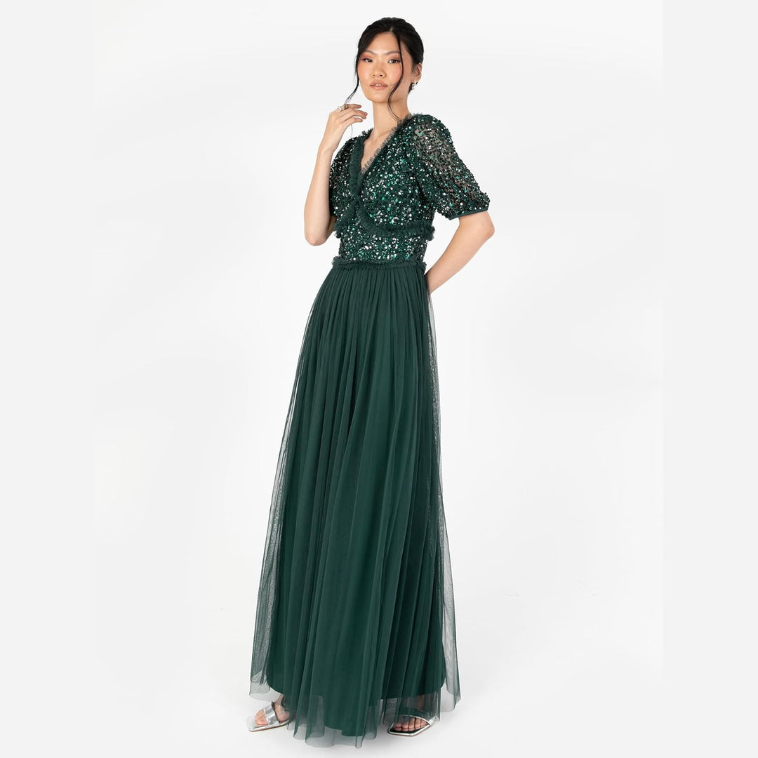 Maya Deluxe Damen Women's Maxi Dress Ladies V-Neck Short Sleeve Sequin Embellished Tulle Ruffle for