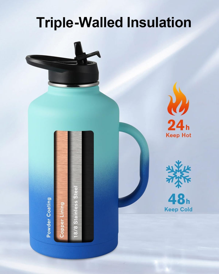 Trebo Isolierte Wasserflasche mit Griff, doppelwandig, Edelstahl, Metall, grosser Krug, Reiseflasche