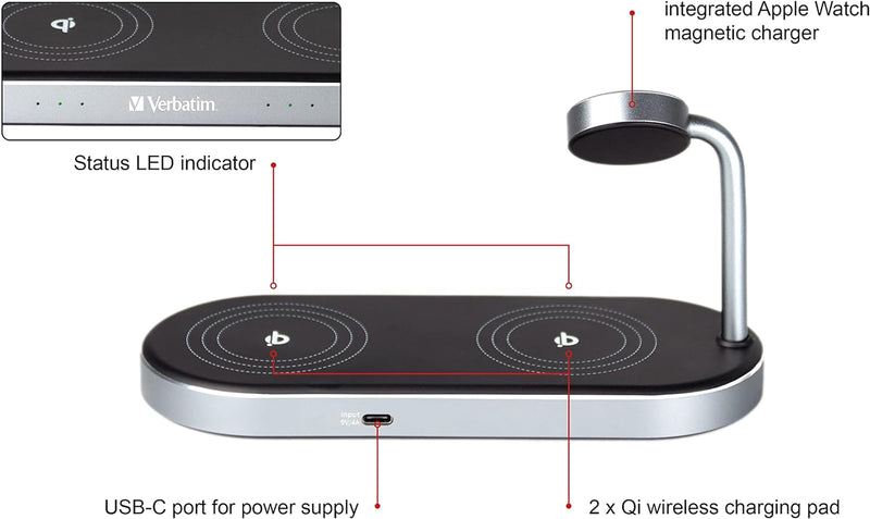 Verbatim 3-in-1 Qi MFi Dual Wireless Charger WCS-03, für iPhone, Apple Watch & Qi-fähige Geräte, Han