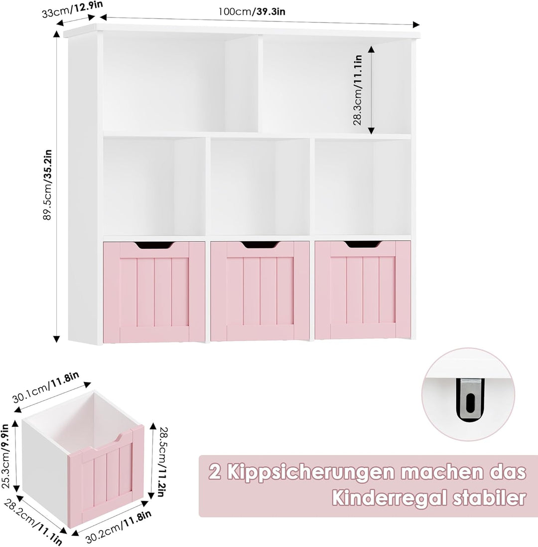FOREHILL Kinderregal mit Boxen auf Rollen, Kinderzimmer Möbel, Spielzeugregl, Aufbewahrungregal,Büch
