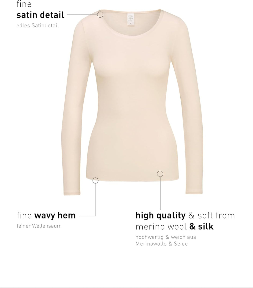 CALIDA True Confidence Langarmshirt Damen, aus Wolle-Seide, Feinripp, temperaturausgleichend und ger