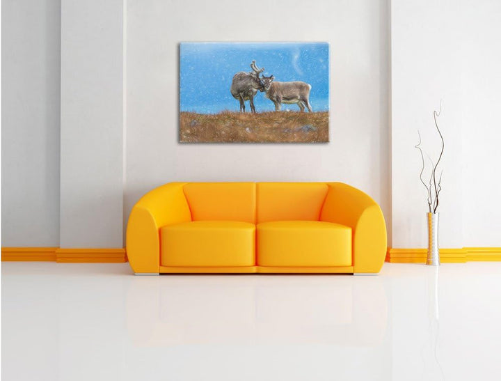 Pixxprint Rentiere die miteinander schmusen / 100x70cm Leinwandbild bespannt auf Holzrahmen/Wandbild