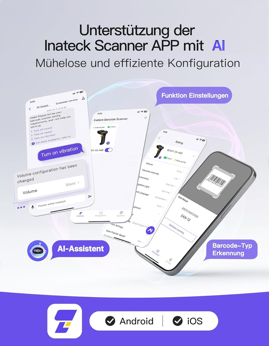 Inateck Barcode Scanner 2D Bluetooth, Kabellose QR Code Scanner, Wireless Handscanner mit AI APP & S