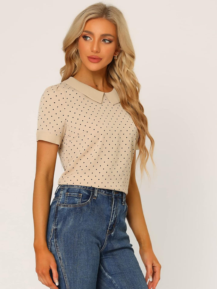 Allegra K Damen Kurzarm Bubikragen Punkte Oberteil Vintage Polka Dots Elegant Top Bluse M Dunkelbeig
