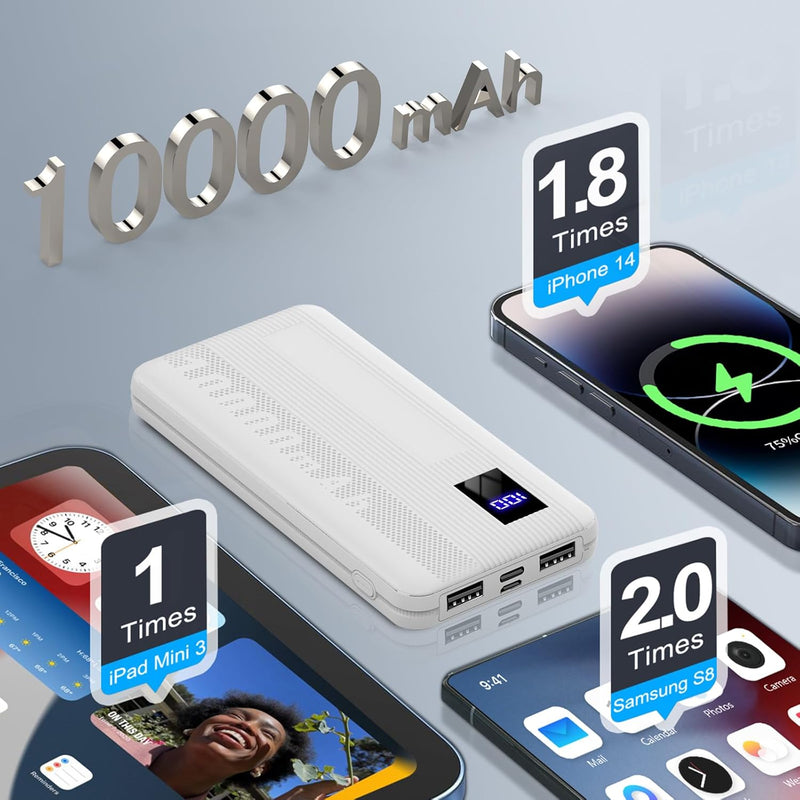 Power Bank, 10000mAh Powerbank Klein Aber Stark, Externe Handyakkus USB C Port, Externer Akku LED Di