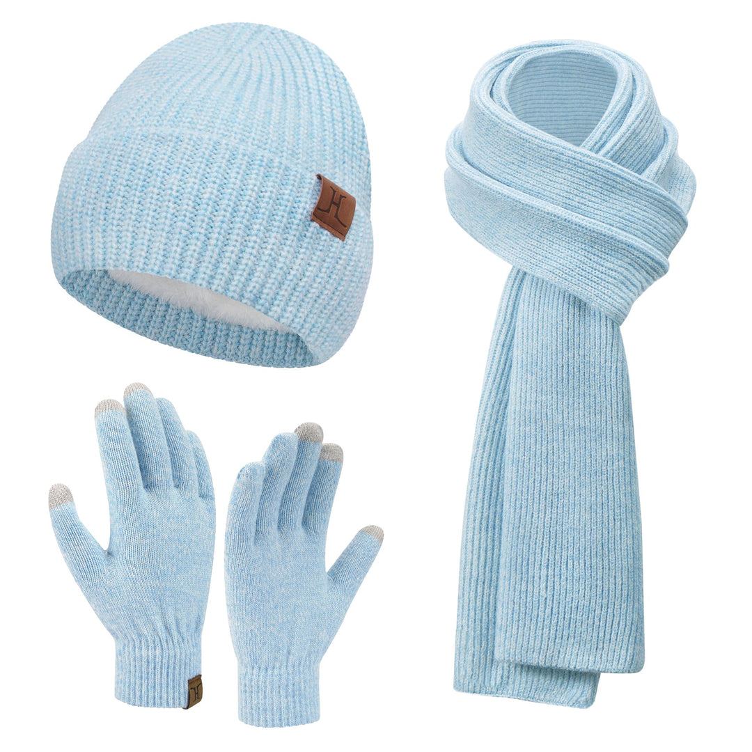 ZASFOU Damen Winter Mütze Schal Touchscreen Handschuhe Set Thermo Beanie Wintermütze Strickmütze Sch