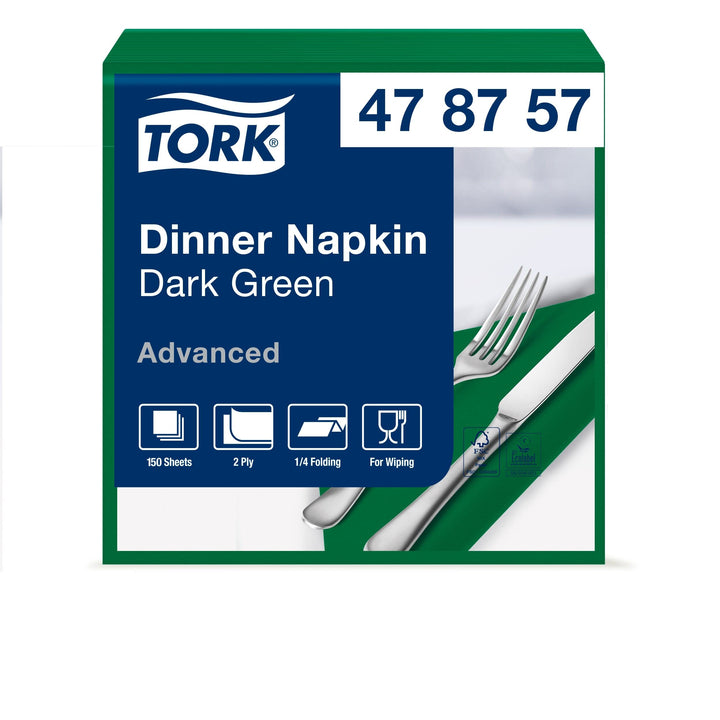 Tork Serviette Dinner vert foncé, pliage 1/4 2 plis, 40 cm x 39 cm, 12 x 150 serviettes, 478757 Dunk