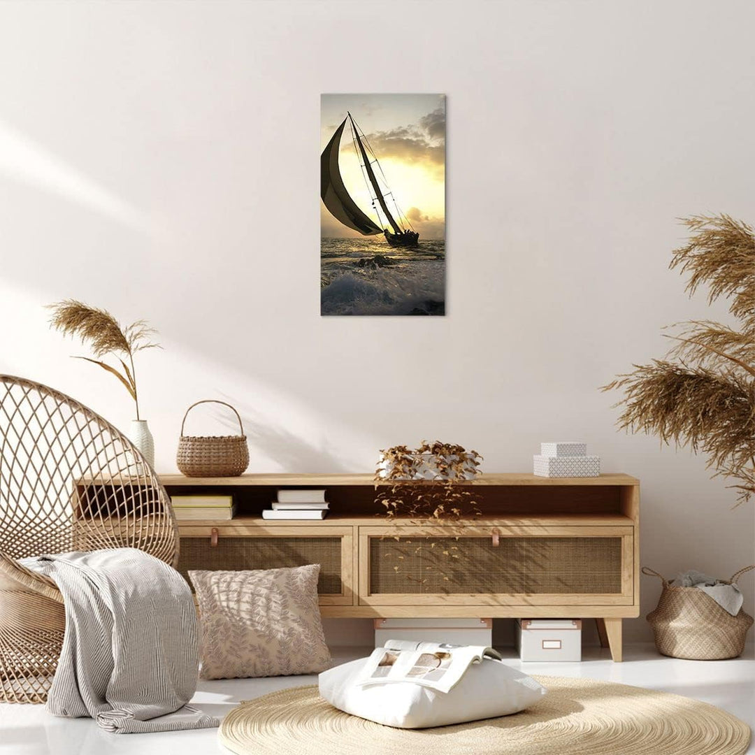 Bilder auf Leinwand Schiff Sonnenuntergang Sonne Landschaft Leinwandbild mit Rahmen 45x80cm Wandbild