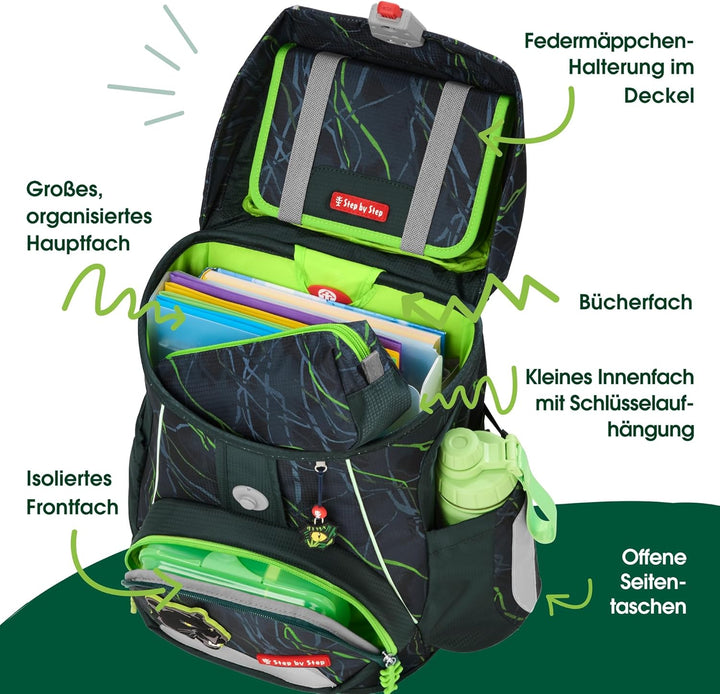 Step by Step Schulranzen-Set FIT „Danger Cat Chiko“ 5-teilig, grau-grün, Panther-Design, ergonomisch