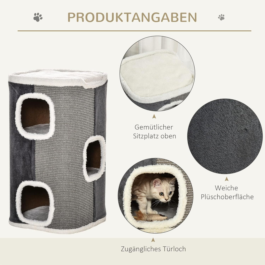 PawHut Kratztonne 74 cm Hoch dreistöckige Katzentonne mit Kissen, Plüschrand, Katzenhöhle, Kratzbaum