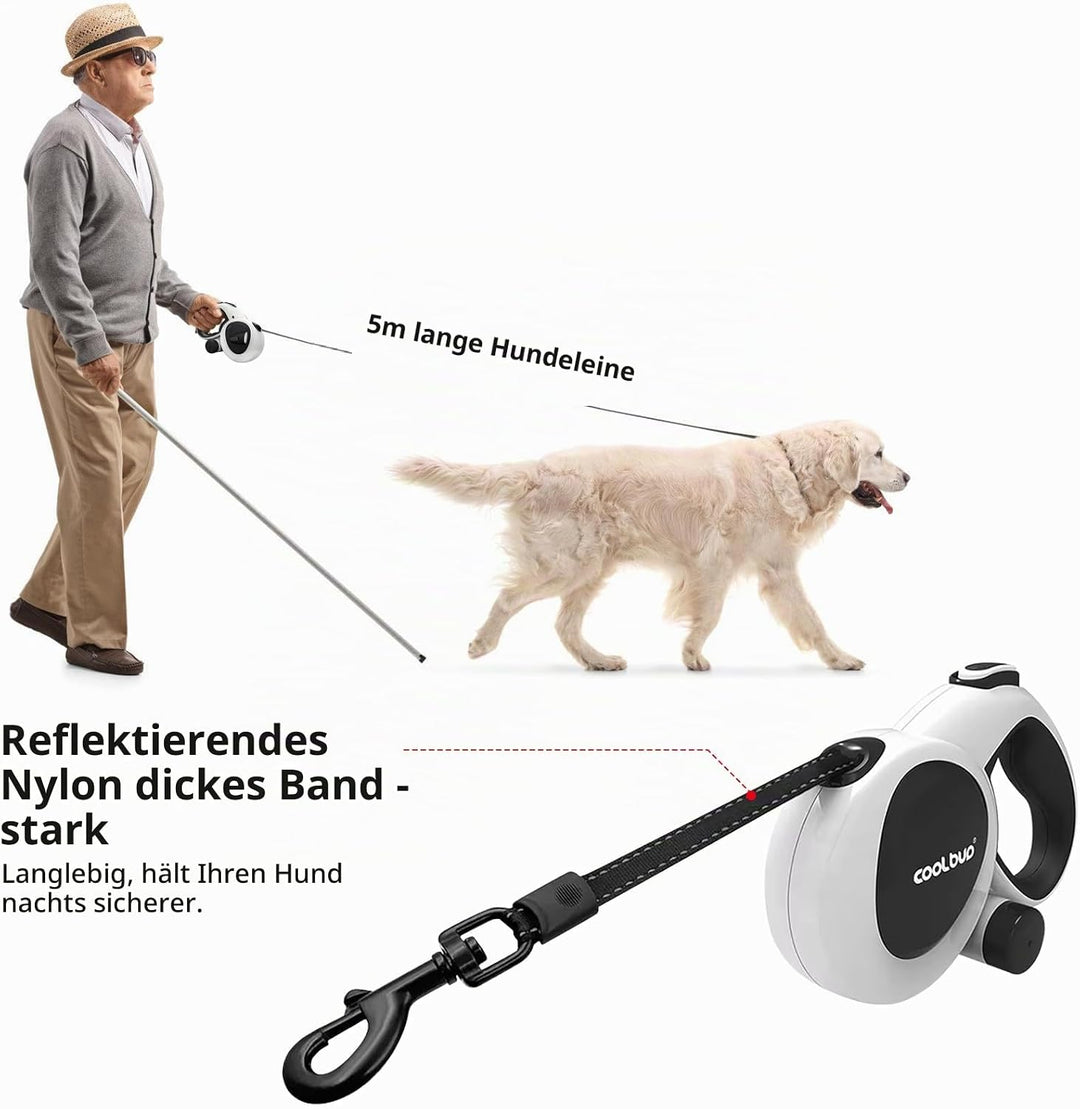 Einziehbare Hundeleine, Hundeleine 5m, Rollleine für Hunde, mit LED-Licht, 360° Verhedderungsfreier,