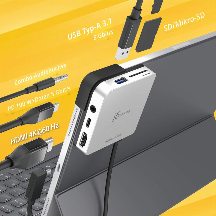 j5create USB C Hub- 6-in-1 Reise-Dockingstation mit HDMI 4K@60Hz, USB C 100W PD-Ladegerät und USB A