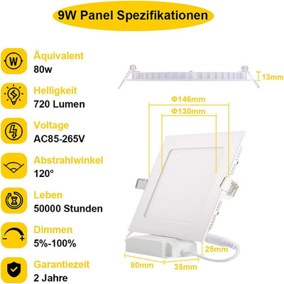 Greenclick 5er 9W LED Panel Weiss eckig Deckenleuchte Dimmbar Einbaustrahler, extrem flach, 230V 720