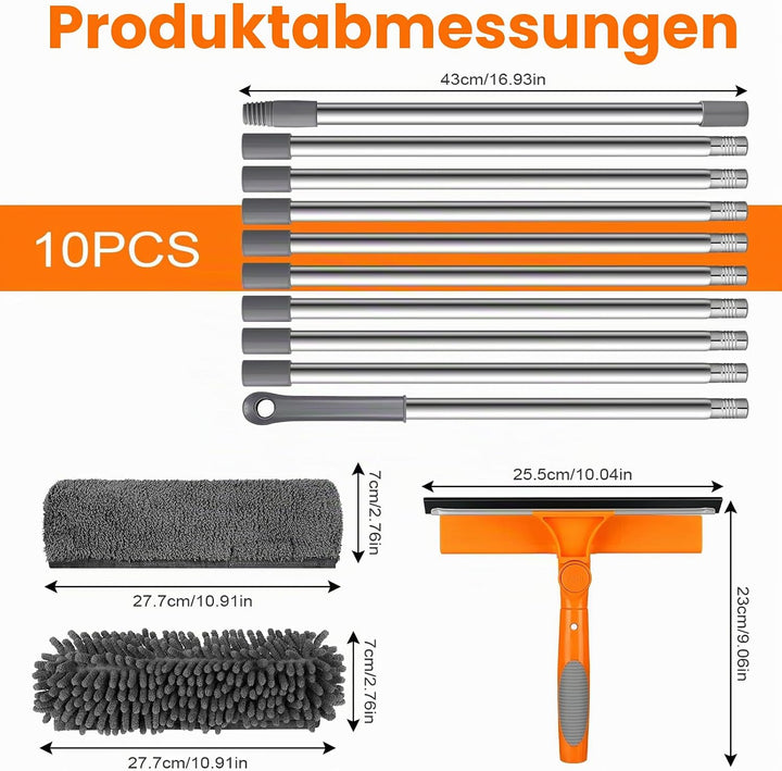 2-in-1 Fensterreinigungsset, 24cm-390cm Extra Lange Teleskopstange, Fensterputzer Set &amp; Fensterwisch