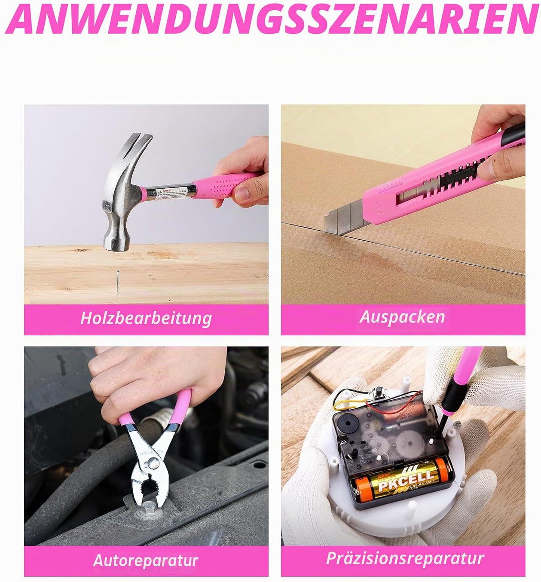 Werkzeug-Set, Pink, 40-teilig, allgemeines Haushalts-Handwerkzeug-Set mit Kunststoff-Werkzeugkasten,