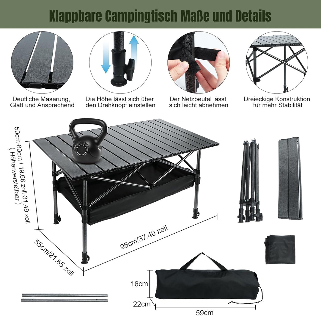Campingtisch Klappbar, Klapptisch Höhenverstellbar, 95x55cm Camping Falttisch mit Ablagenetz, Tasche