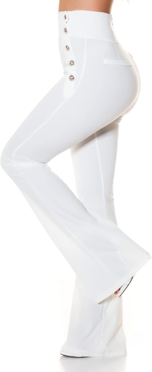 Koucla Stoff Business High Waist Schlag Hose mit Deko Knöpfe XL Weiss, XL Weiss
