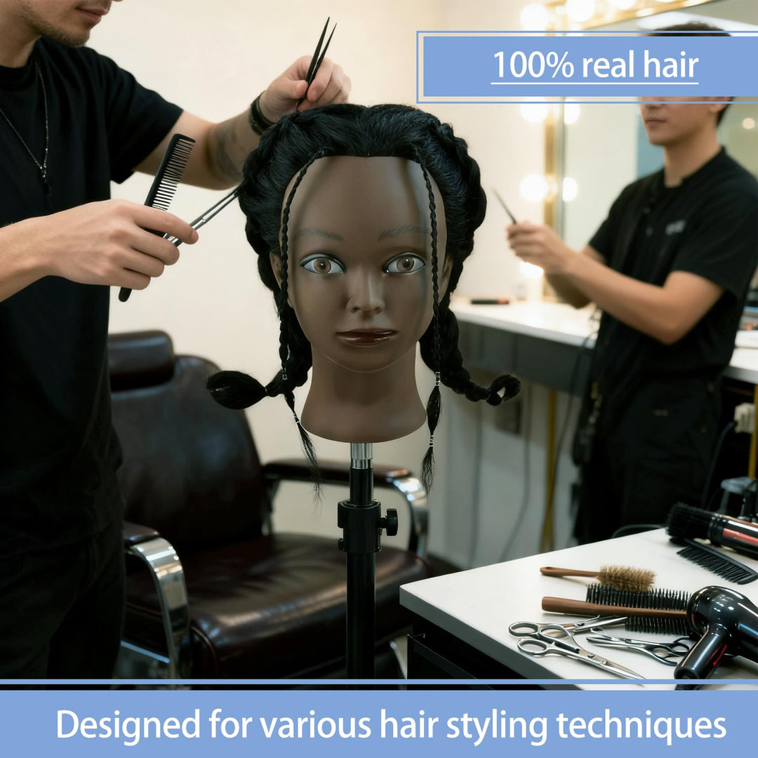Mannequin Kopf 100% Frisierkopf Echthaar Trainingsköpfe für Friseur Praxis Flechten Haar Styling mit