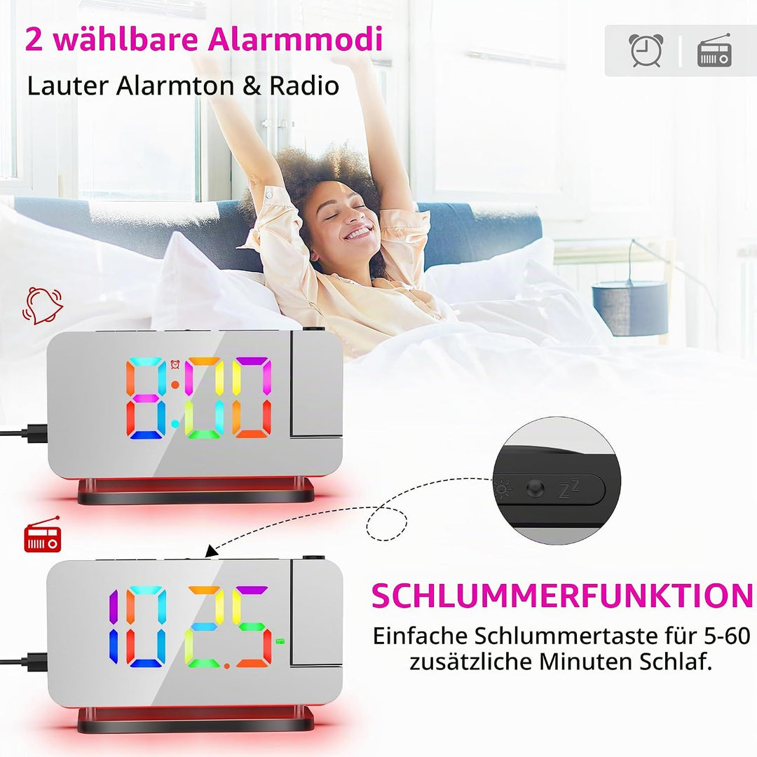 Lancoon Projektionswecker Bunter Wecker mit Radio Spiegelfläche mit 11 RGB Farbdisplay 10 Farben Nac
