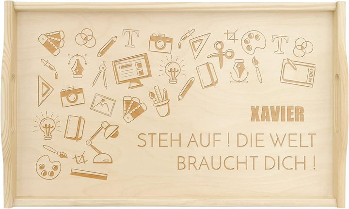 Maverton Serviertablett mit Gravur - personalisiert - Tabletttisch mit Griffen - klappbare Beine - e