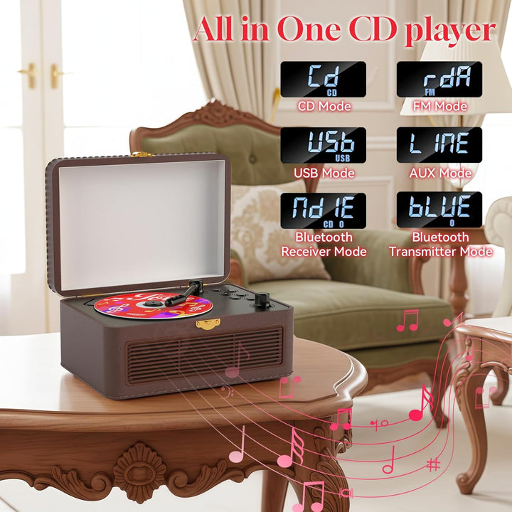 Gueray Tragbarer Bluetooth CD-Player mit Lautsprechern 3600mAh Wiederaufladbarer Vintage CD Spieler
