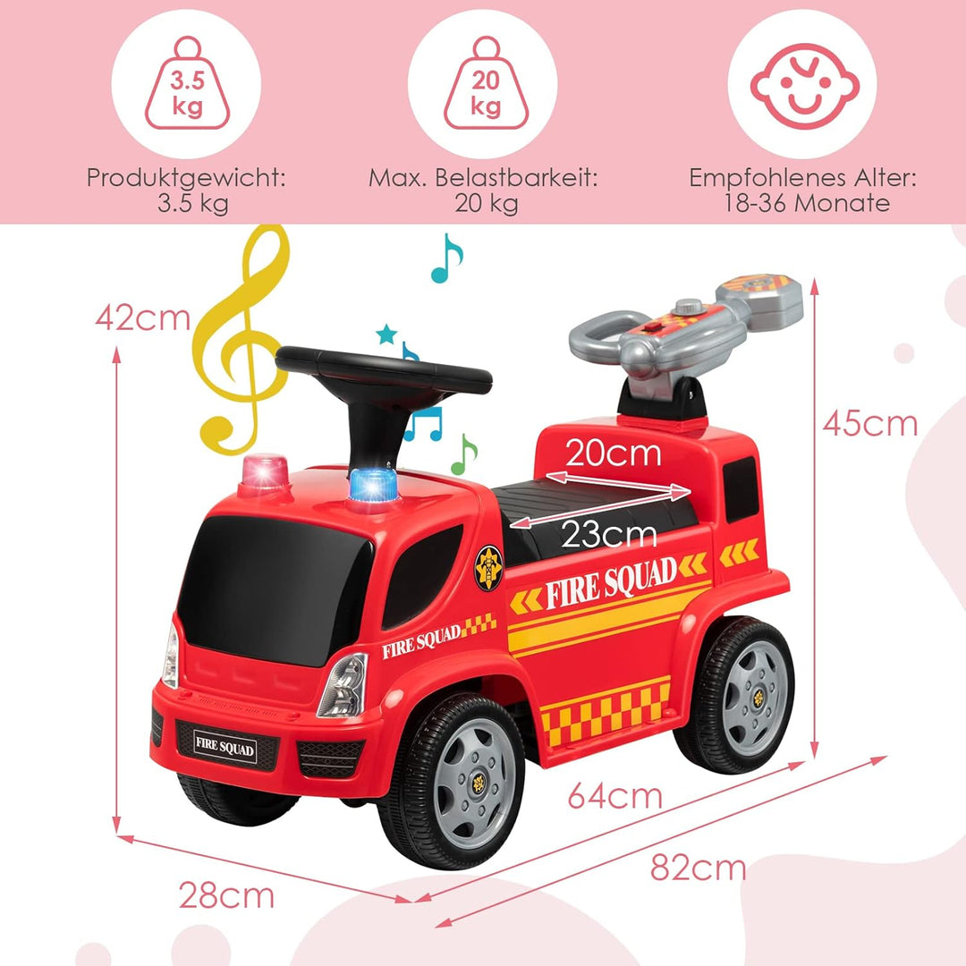 DREAMADE Rutscherauto Kinder mit Bubble Maschine, Feuerwehrfahrzeug Kinder bis 20kg, Rutschauto mit