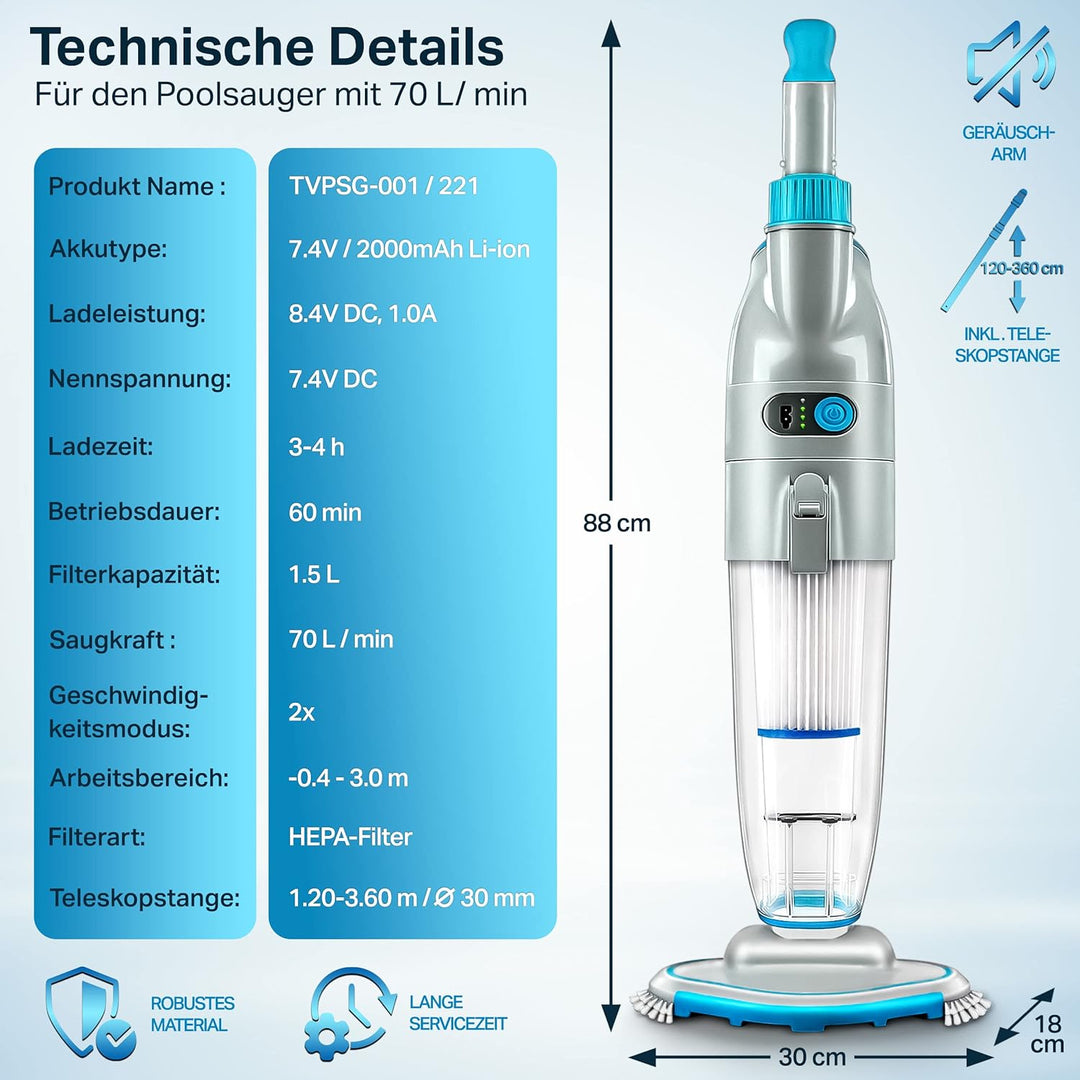 tillvex Poolsauger mit Akku | Pool Bodensauger Teleskopstange elektrisch | Poolreiniger mit Filter &