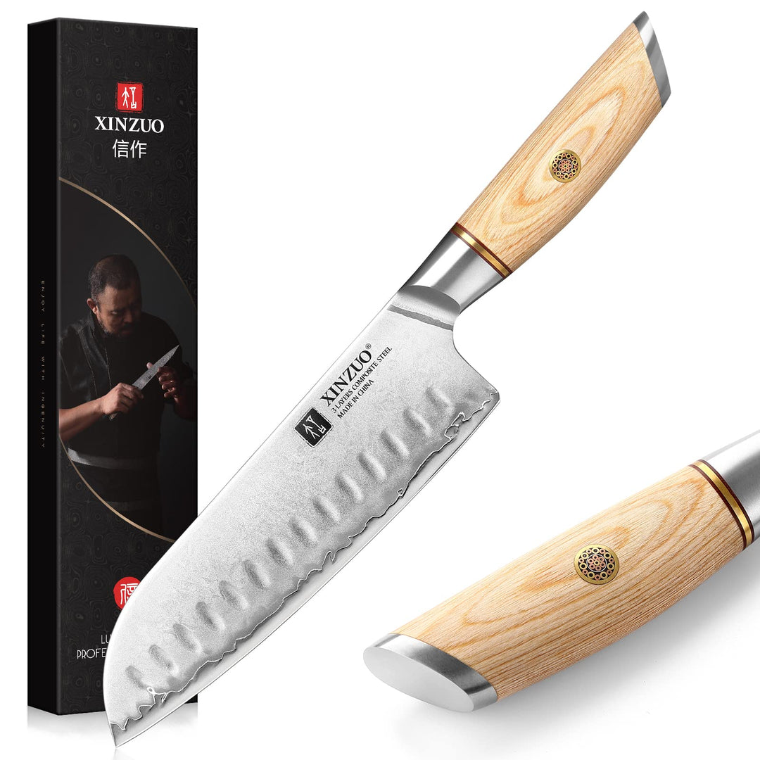 XINZUO Edelstahl 18.2cm Santokumesser, 3 Schichten Verbundstahl 10Cr15CoMoV Kochmesser, Profi Chefme