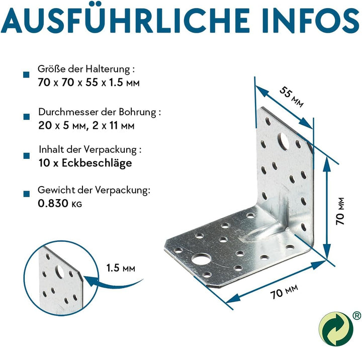 VHG Schwerlast Winkelverbinder mit Sicke 10er Set (70 x 70 x 55 x 1.5) - 90 Grad L Klammern Eckwinke
