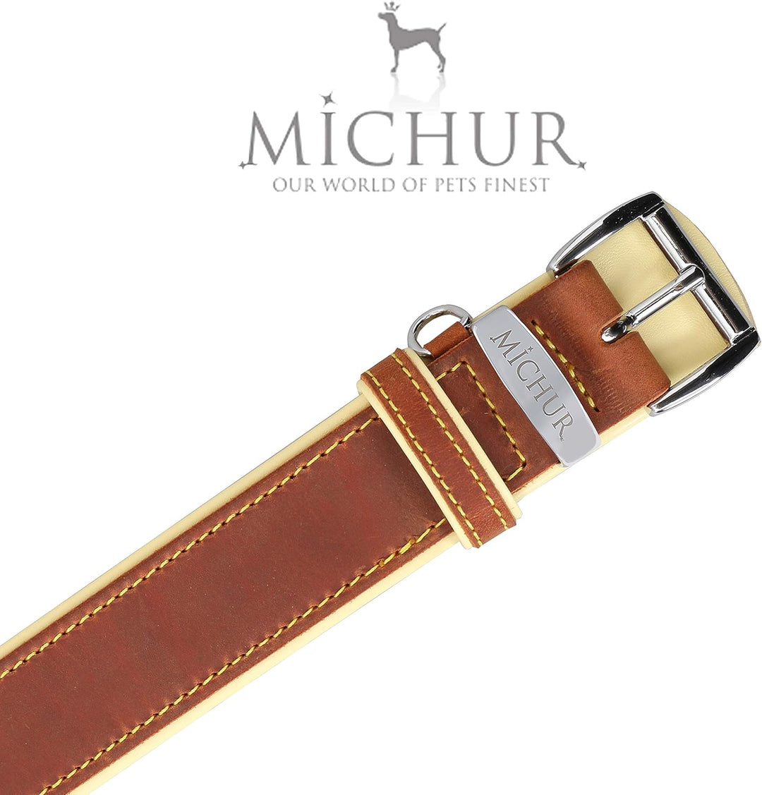 MICHUR Charly Hundehalsband Leder Braun Gelb, Lederhalsband Hund, Halsband, Leder, in verschiedenen