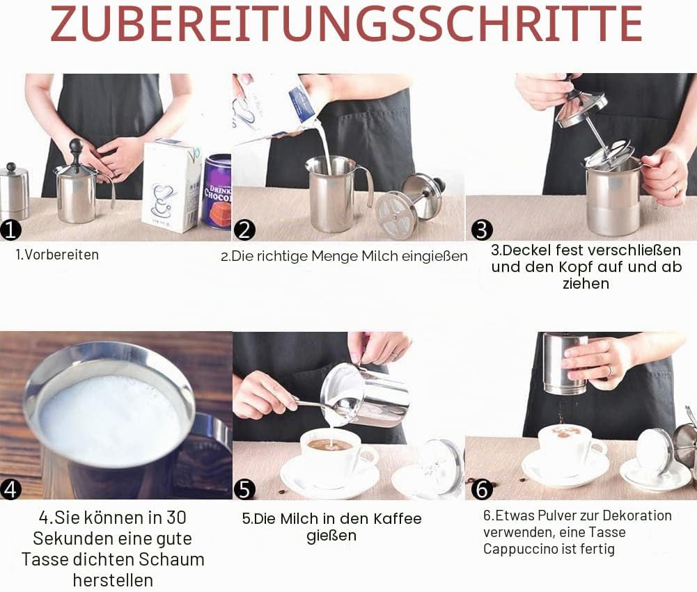 800ml de Acero Inoxidable Leche Manual Frother, Espumador Leche con Doble Colador, Jarra espumadora
