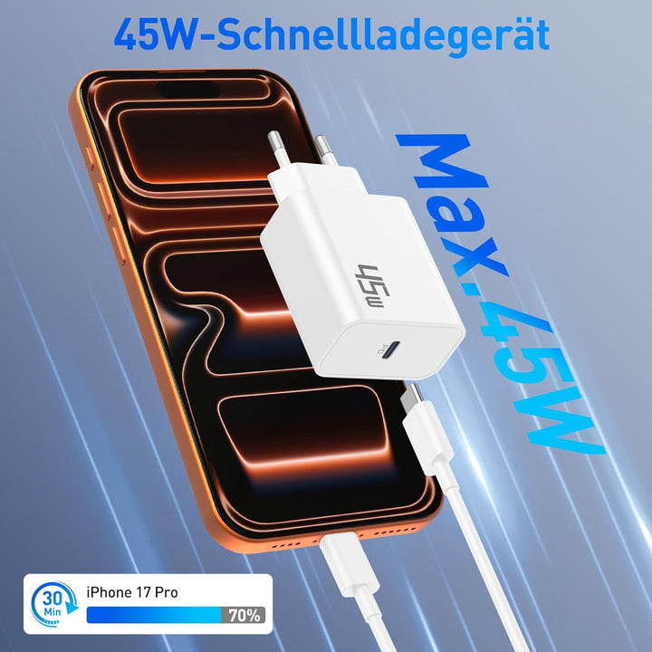 45W Ladegerät USB C Schnelladegerät für iPhone 17 Pro Max Air Ladekabel, iPhone 16 16e 15, iPad 11 1