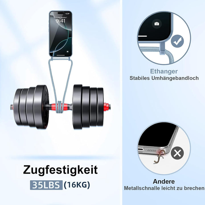 Ethanger Handykette für iPhone 16 Pro Max Hülle mit Band + 2 Stück Glas Schutzfolie Transparent Sili