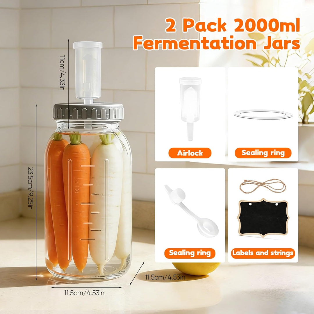 Fermentierglas 2 Stück 2L, Einmachgläser mit Luftschleuse und Schraubverschluss, Weithalsige Gärgläs