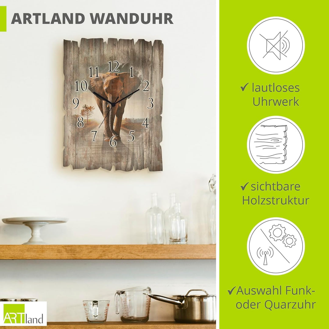 ARTLAND Wanduhr ohne Tickgeräusche aus Holz Funk Uhr 30x40 cm Rechteckig Lautlos Afrika Elefant Tier